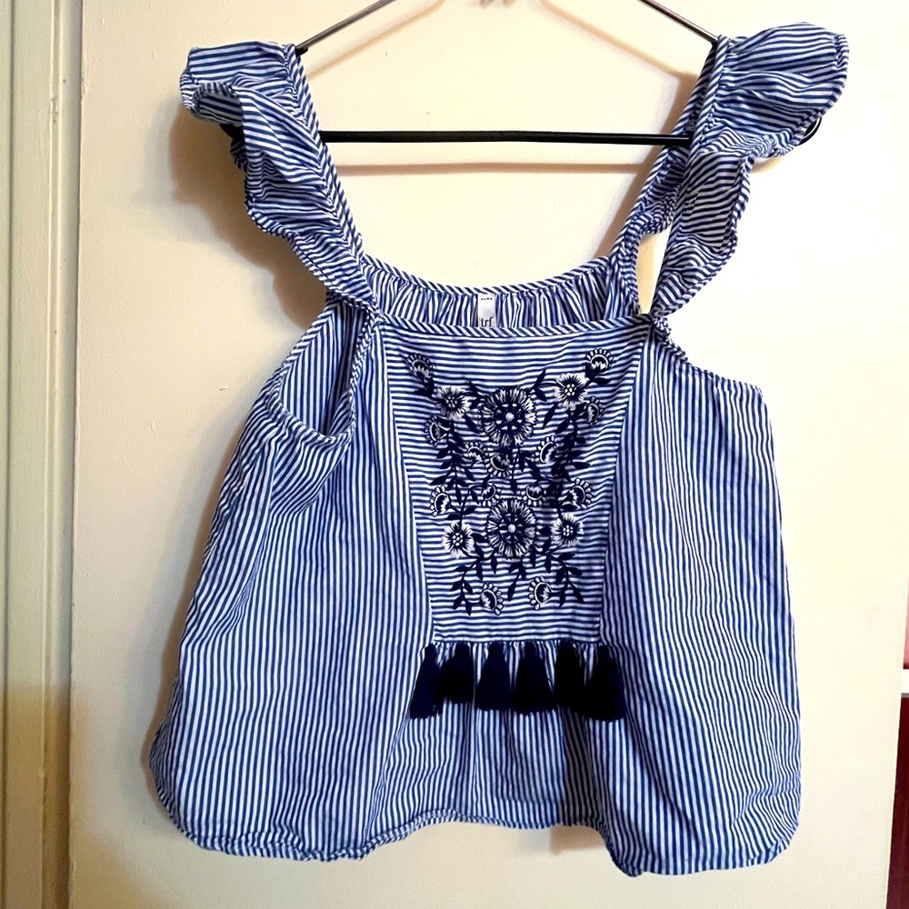Zara Navy and White Striped Blouse with embroidered detail size s